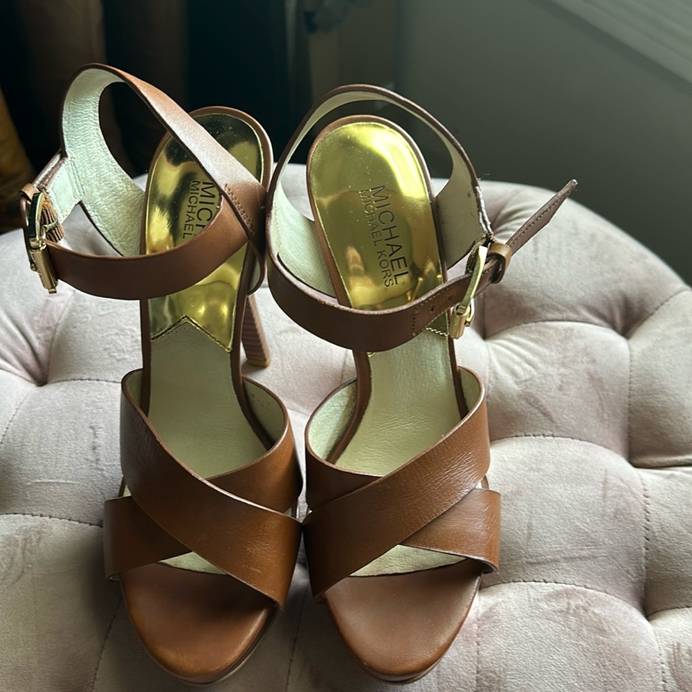 Michael Kors Brown Leather Sandals with Crisscross Straps